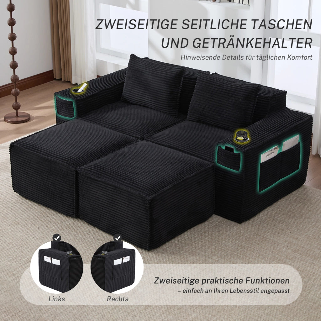 Divano modulare 2 posti in tessuto a coste con 2 pouf, portabicchieri e tasche, imbottitura in molle e schiuma, nero