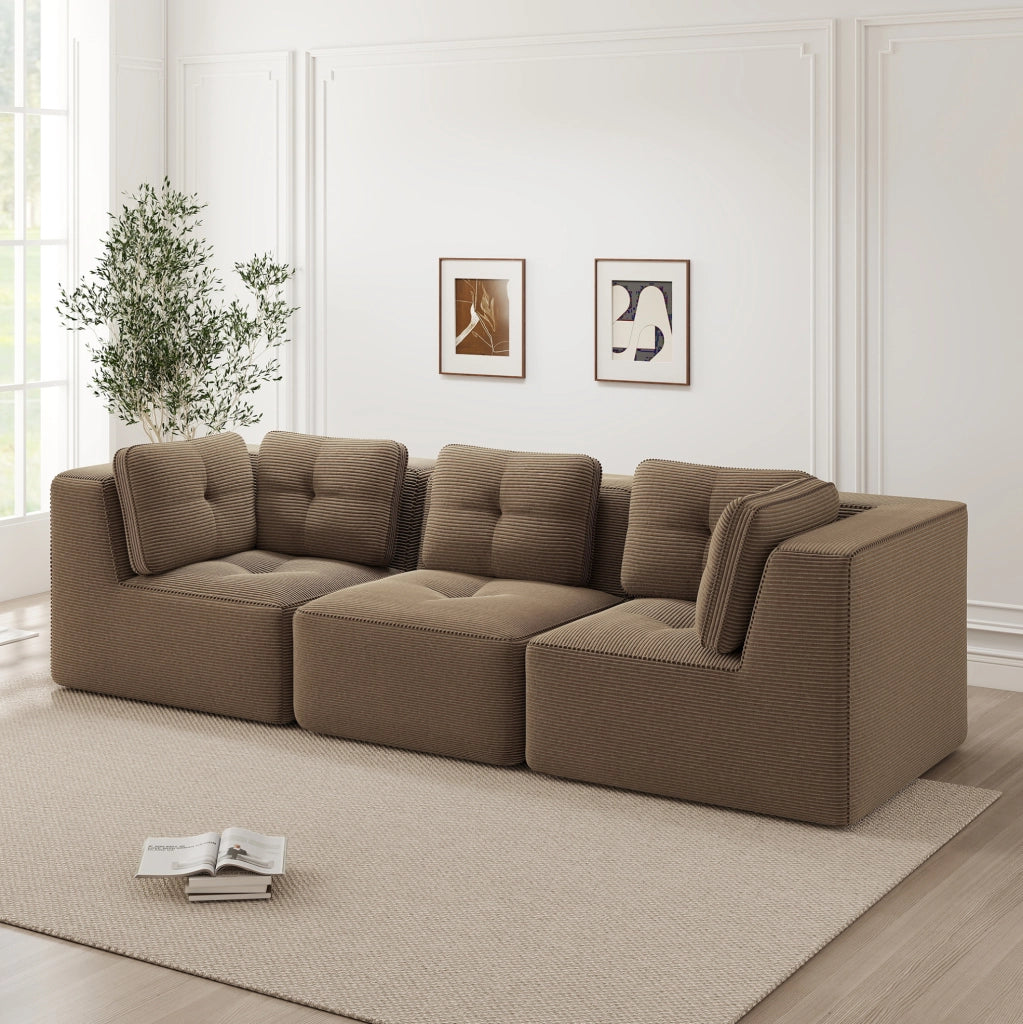 Divano angolare modulare in corduroy marrone 297x104x69 cm con seduta profonda 74 cm