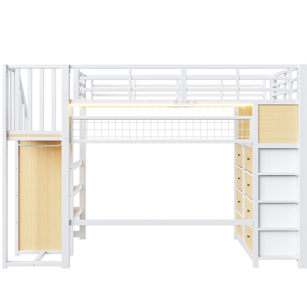 Letto a soppalco 90x200 cm con 8 cassetti, LED e scala in MDF e metallo bianco