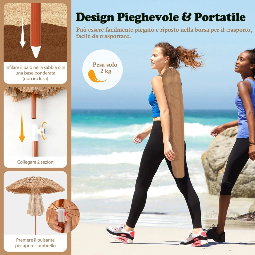 Ombrellone da Spiaggia di Paglia, Ombrellone da Giardino 175 cm con Borsa e Design Inclinabile, Ombrellone da Esterno Portatile per Spiaggia Giardino Balcone Mare