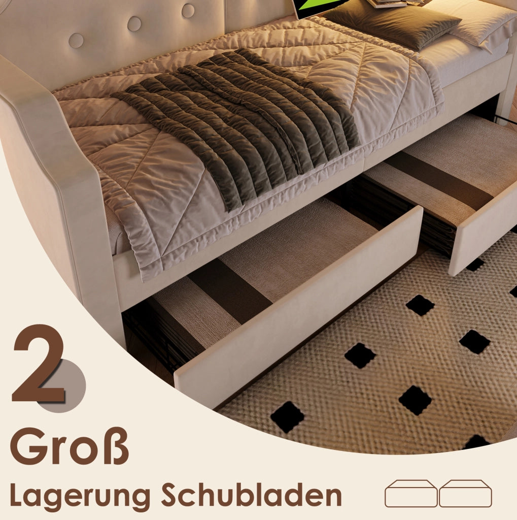 Letto singolo imbottito 90x200 cm in velluto beige con USB Type-C; lampada da lettura e 2 cassetti