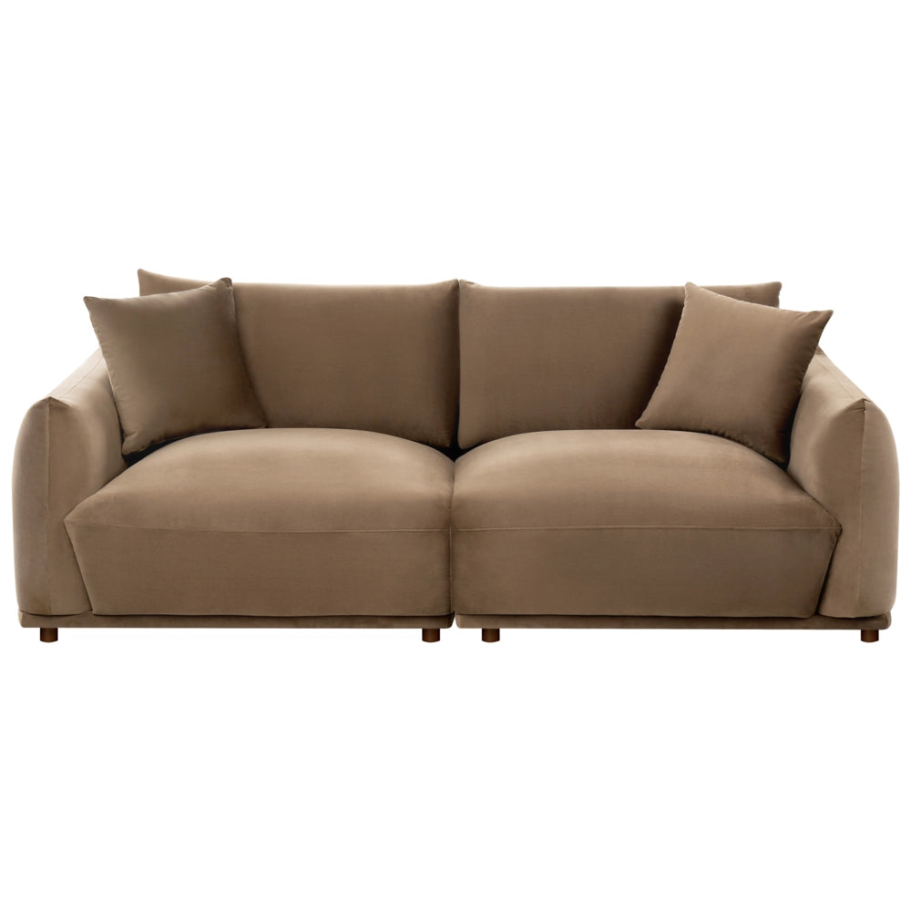 Set divano moderno a 5 posti in velluto con cuscini decorativi e poltrone con gambe in legno marrone stile moderno