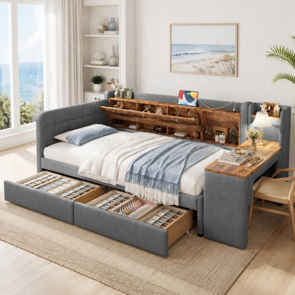Letto singolo 90x200 cm grigio con scrivania, USB-C e cassetti