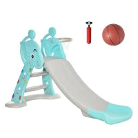 Scivolo per Bambini da 18 Mesi Pieghevole con 3 Scalini e Canestro Basket, Scivolo da Interno ed Esterno, 147x82x85.5 cm, Blu e Grigio
