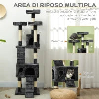 Albero Tiragraffi per Gatti con 3 Posatoi, 2 Casette e Giochi Appesi, in Legno e Peluche, 49x49x173 cm, Grigio