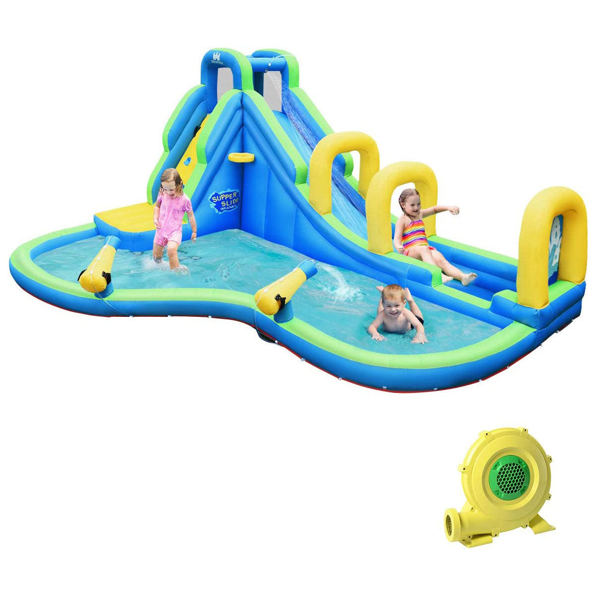 Castello gonfiabile con acquascivolo e pistola ad acqua in poliestere - adatto per 4 bambini da 4 a 12 anni - portata max 120 kg 20_0005709