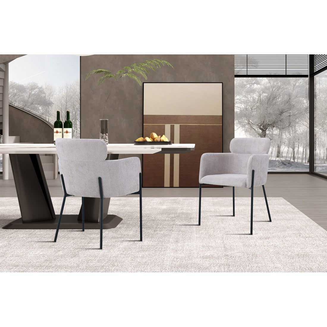 Sedia da pranzo CAMPBELL – Tessuto beige chiaro – Braccioli – Piedi in metallo nero – Stile design / industriale
