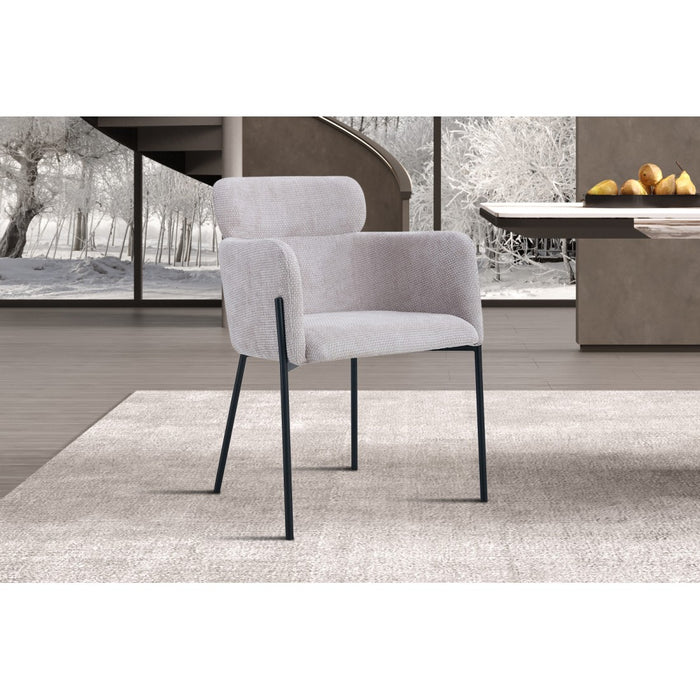 Sedia da pranzo CAMPBELL – Tessuto beige chiaro – Braccioli – Piedi in metallo nero – Stile design / industriale
