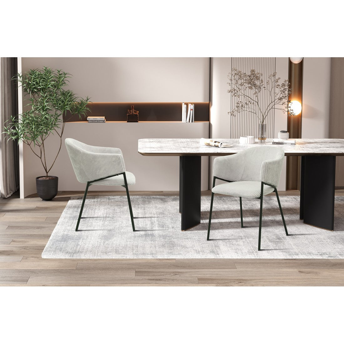 Sedia da pranzo IMANY – Velluto a coste grigio chiaro – Braccioli – Gambe in metallo nero – Stile design / industriale