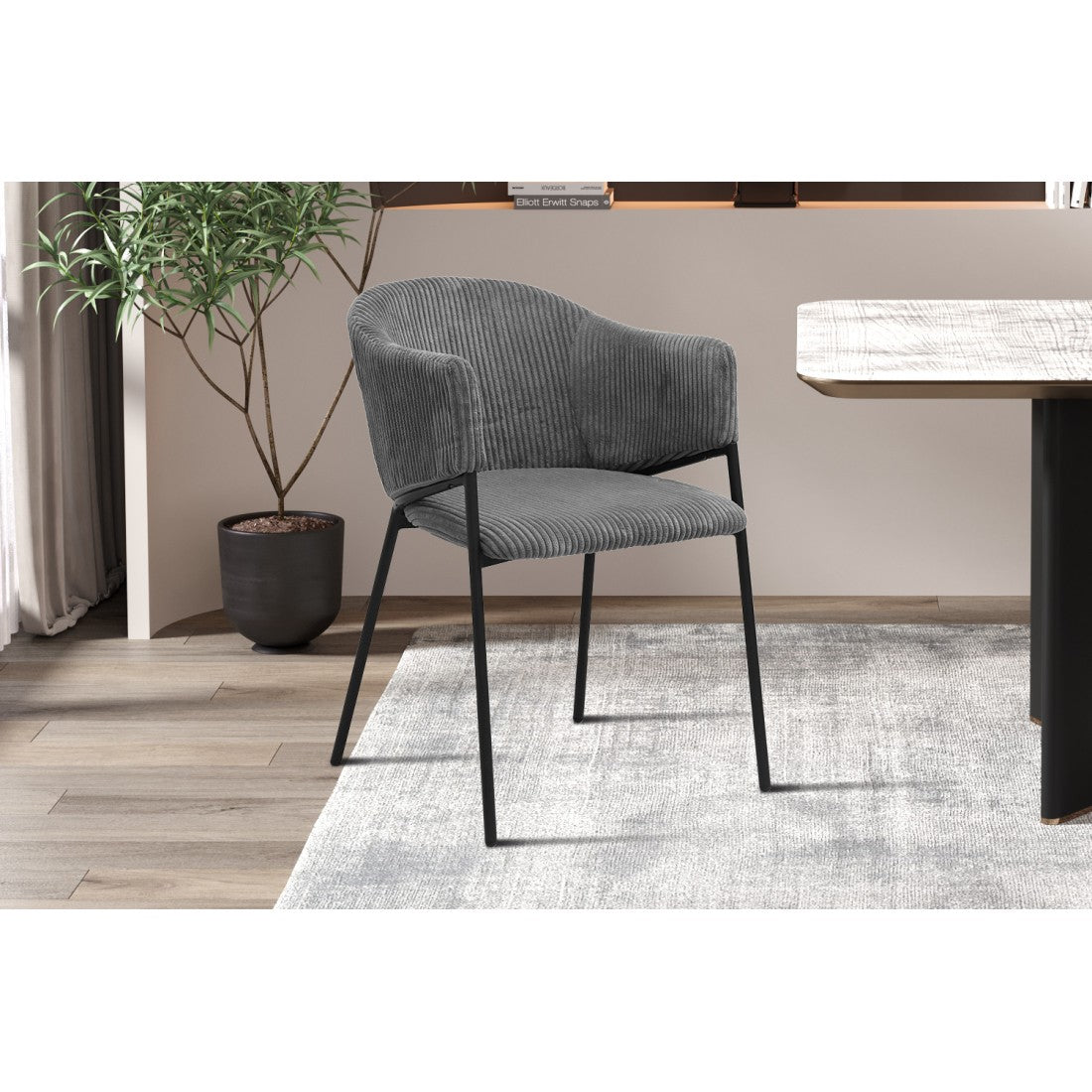 Sedia da pranzo IMANY – Velluto a coste grigio scuro – Braccioli – Gambe in metallo nero – Stile design / industriale