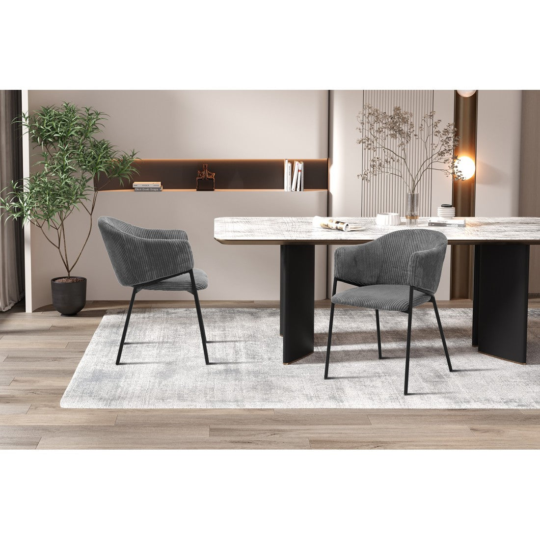 Sedia da pranzo IMANY – Velluto a coste grigio scuro – Braccioli – Gambe in metallo nero – Stile design / industriale