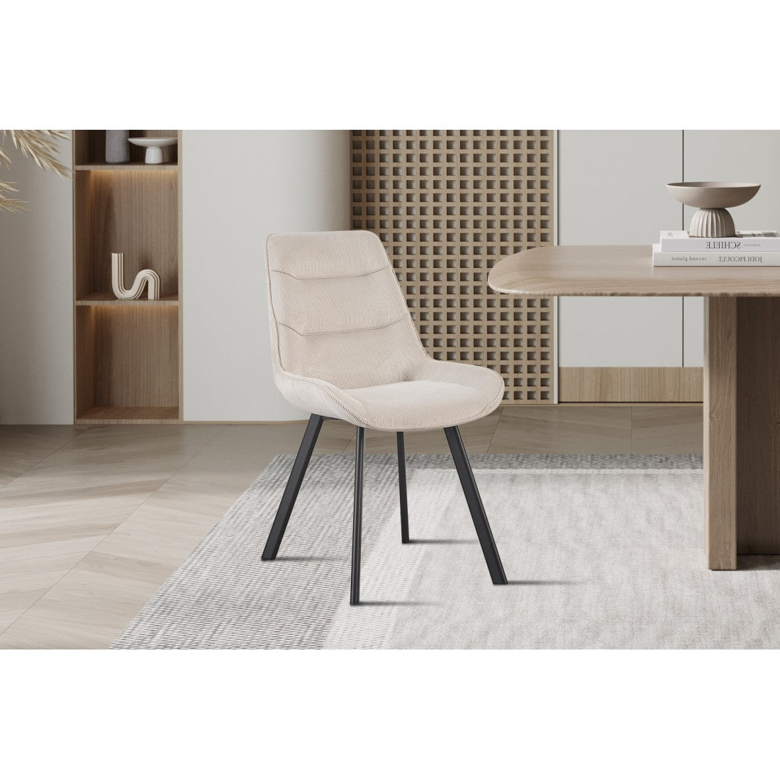 Sedia da pranzo LOLA – Velluto a coste sabbia – Piedi in metallo nero – Stile design / industriale