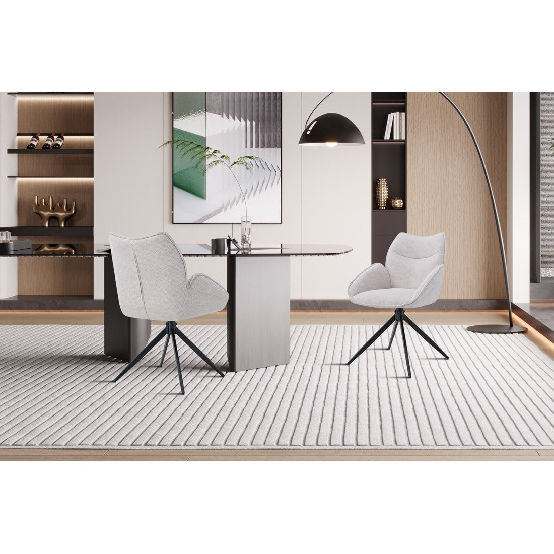 Sedia da pranzo girevole MOOREA - Tessuto beige - Gambe in metallo nero - Altezza 90 cm - Stile design/industriale