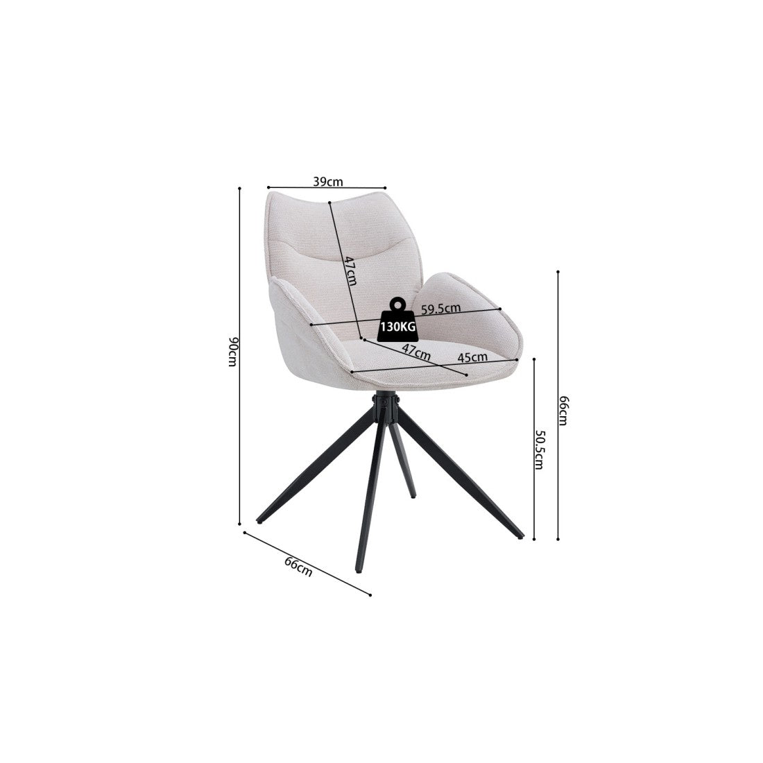 Sedia da pranzo girevole MOOREA - Tessuto beige - Gambe in metallo nero - Altezza 90 cm - Stile design/industriale