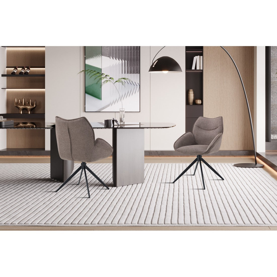 Sedia da pranzo girevole MOOREA – Tessuto marrone – Gambe in metallo nero – Altezza 90 cm – Stile design/industriale