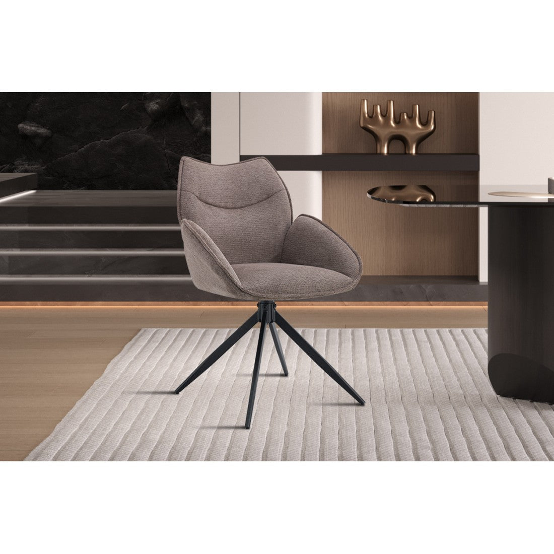 Sedia da pranzo girevole MOOREA – Tessuto marrone – Gambe in metallo nero – Altezza 90 cm – Stile design/industriale