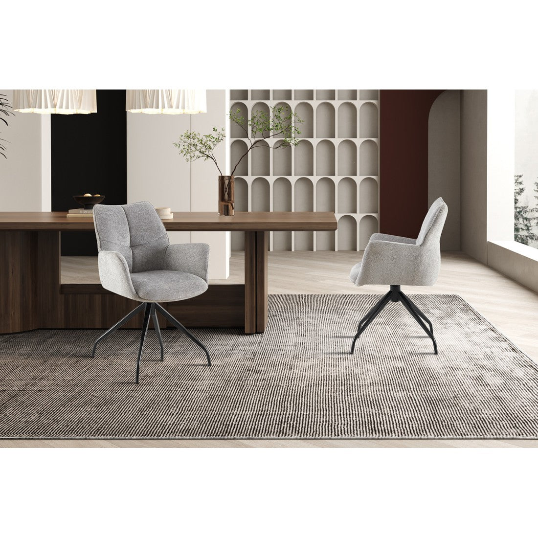 Sedia da pranzo girevole TRINITY – Tessuto grigio – Con braccioli – Gambe in metallo nero – Stile design/industriale