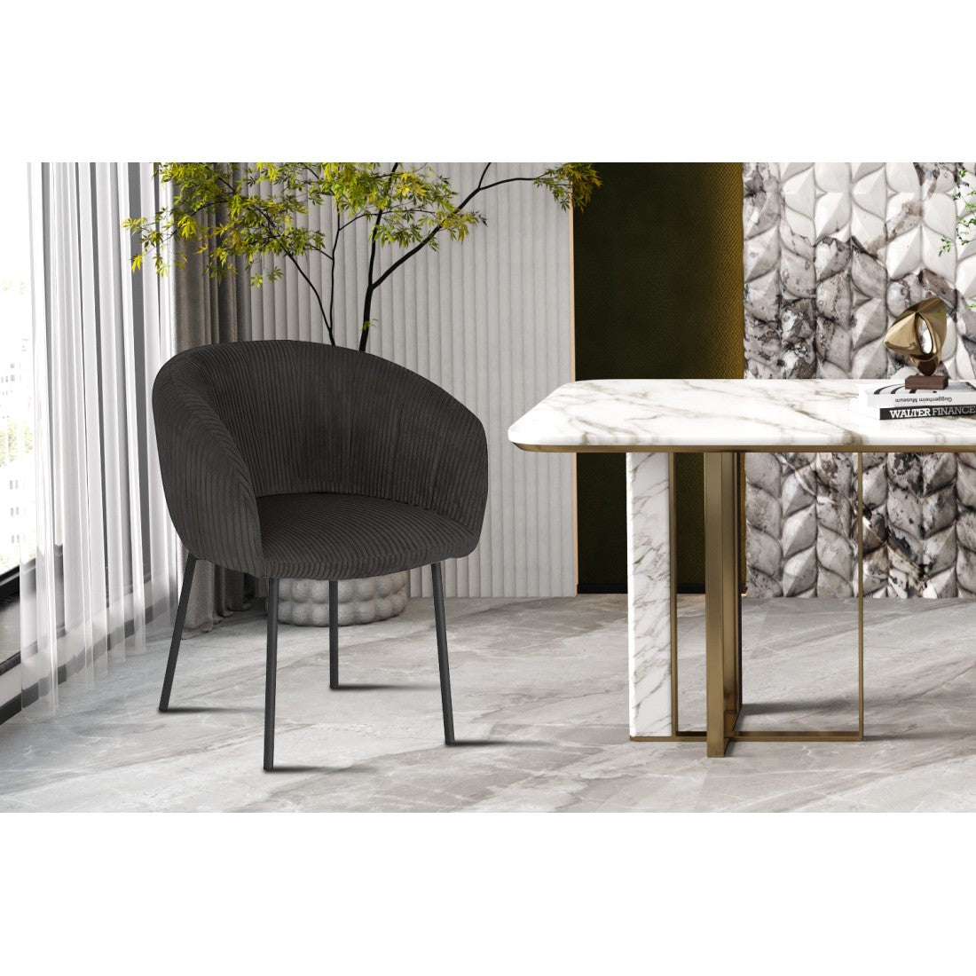 Sedia da pranzo SEVILLE – Velluto a coste grigio – Braccioli – Piedi in metallo nero – Stile design / industriale