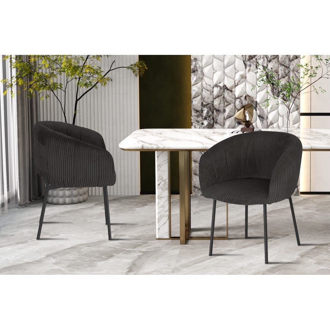 Sedia da pranzo SEVILLE – Velluto a coste grigio – Braccioli – Piedi in metallo nero – Stile design / industriale