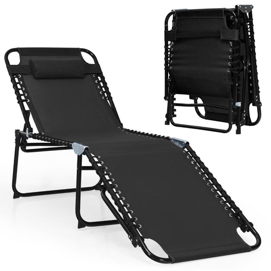 Chaise longue pieghevole con poggiatesta rimovibile, Sedia reclinabile da spiaggia con schienale regolabile Nero-Poltrone e sdraio