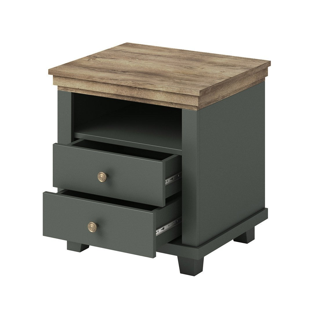 Camera da letto ASSIA: Armadio 200cm, Letto 180x200, comò, comodini. Colori verde kaki e quercia.