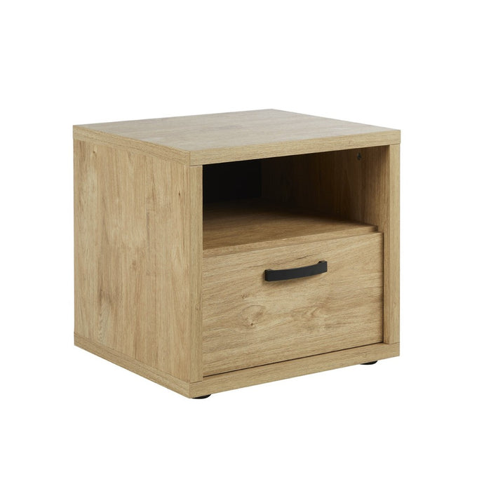 Camera da letto collezione MORGANE: armadio 200 cm, letto con applique 140x200, cassettiera, comodini, quercia dorata e nera.