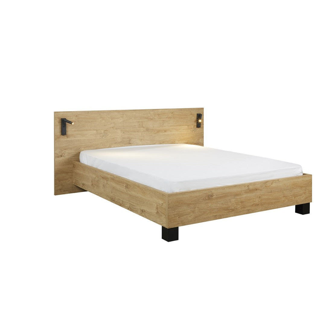 Camera da letto collezione MORGANE: armadio 200 cm, letto con applique 140x200, cassettiera, comodini, quercia dorata e nera.