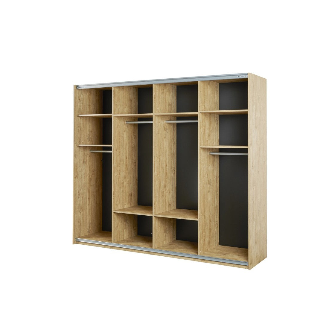 Camera da letto collezione MORGANE: armadio 250 cm, letto con applique 140x200, cassettiera, comodini, rovere dorato e nero.