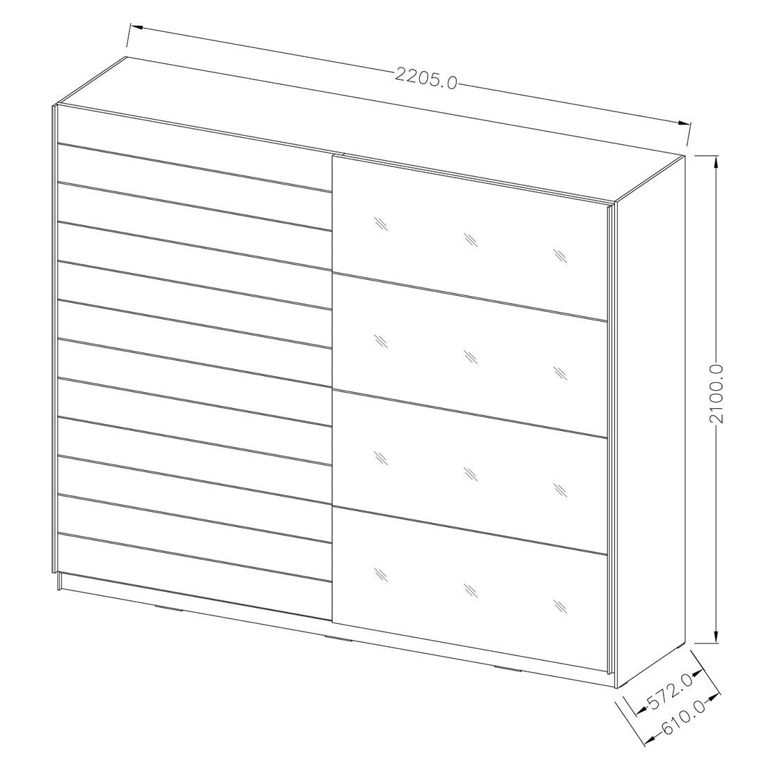 Camera da letto EOS: Armadio 220x210, Letto 180, cassettiera, comodini. Colore rovere scuro e nero.