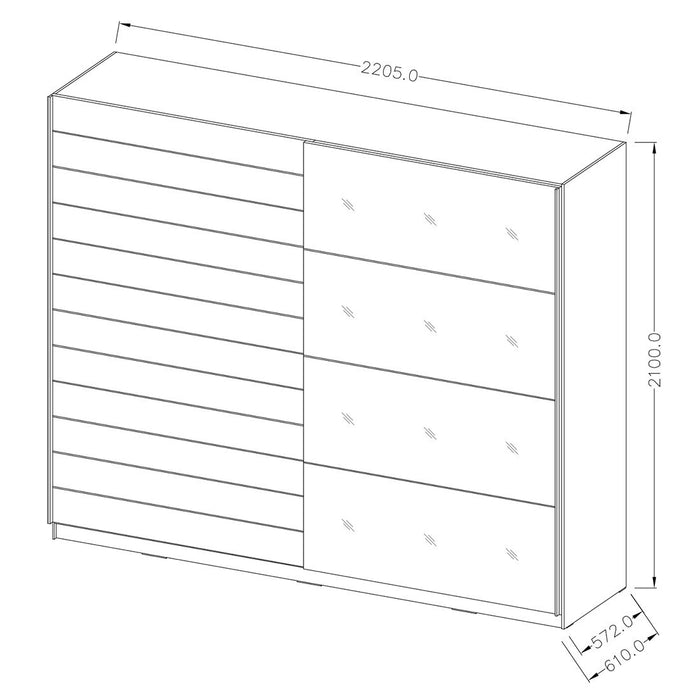Camera da letto EOS: Armadio 220x210, Letto 180, cassettiera, comodini. Colore rovere scuro e nero.