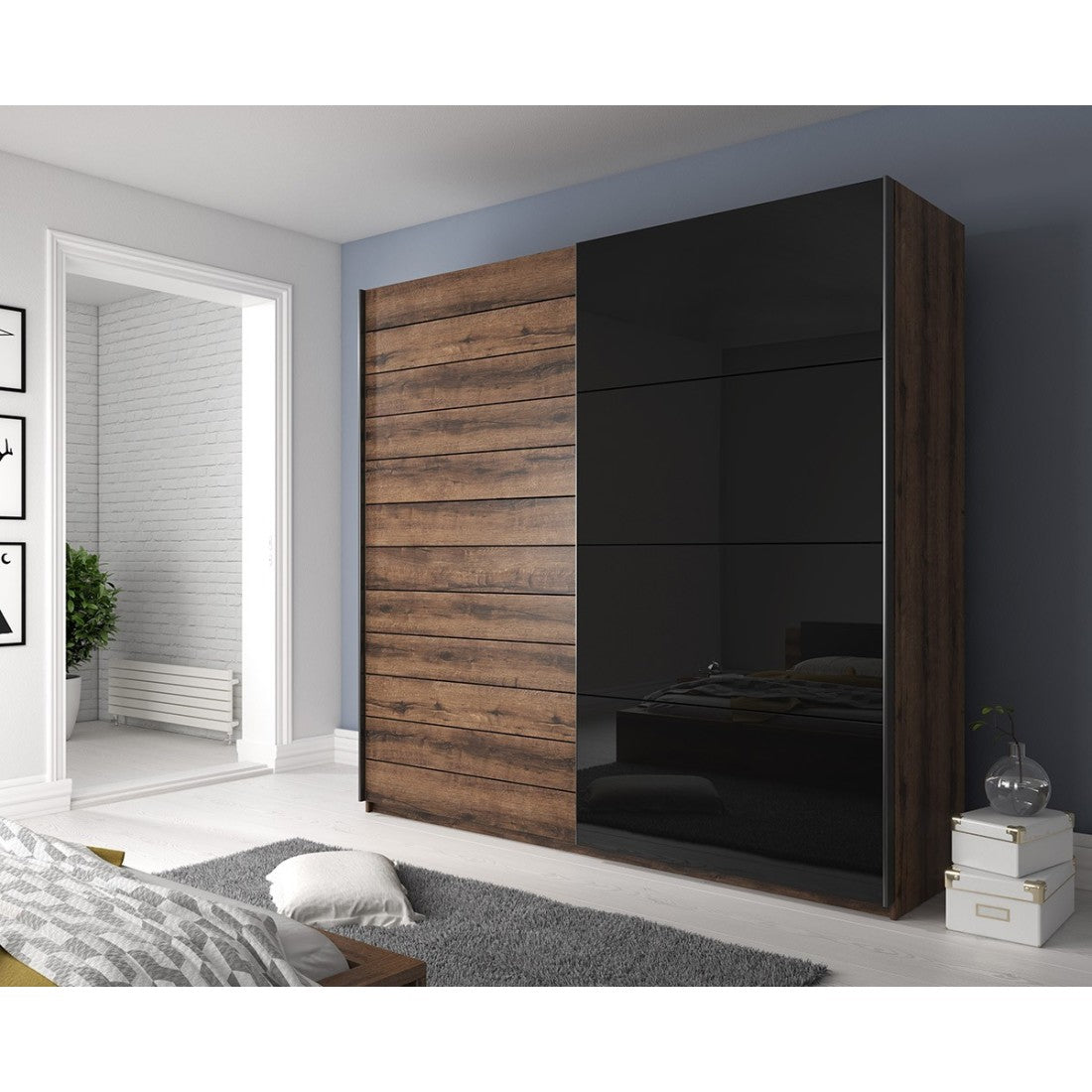 Camera da letto FLOYD: Armadio 200 cm, Letto 160x200, cassettiera, comodini. Colore rovere scuro e nero lucido.