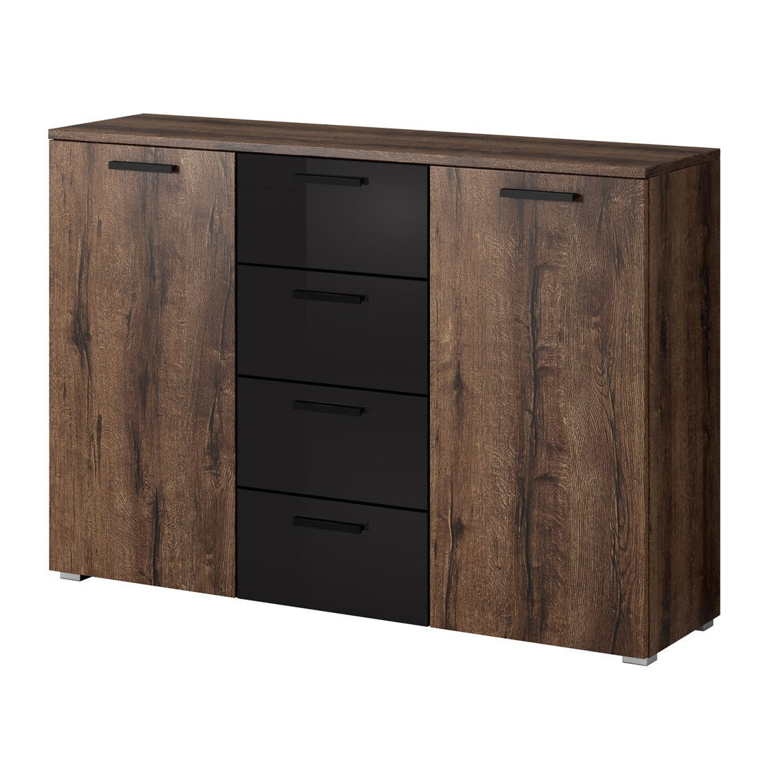 Camera da letto FLOYD: Armadio 200cm, Letto 180x200, cassettiera, comodini. Colore quercia scura e nero lucido.