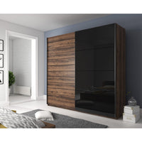 Camera da letto FLOYD: Armadio 200cm, Letto 180x200, cassettiera, comodini. Colore quercia scura e nero lucido.