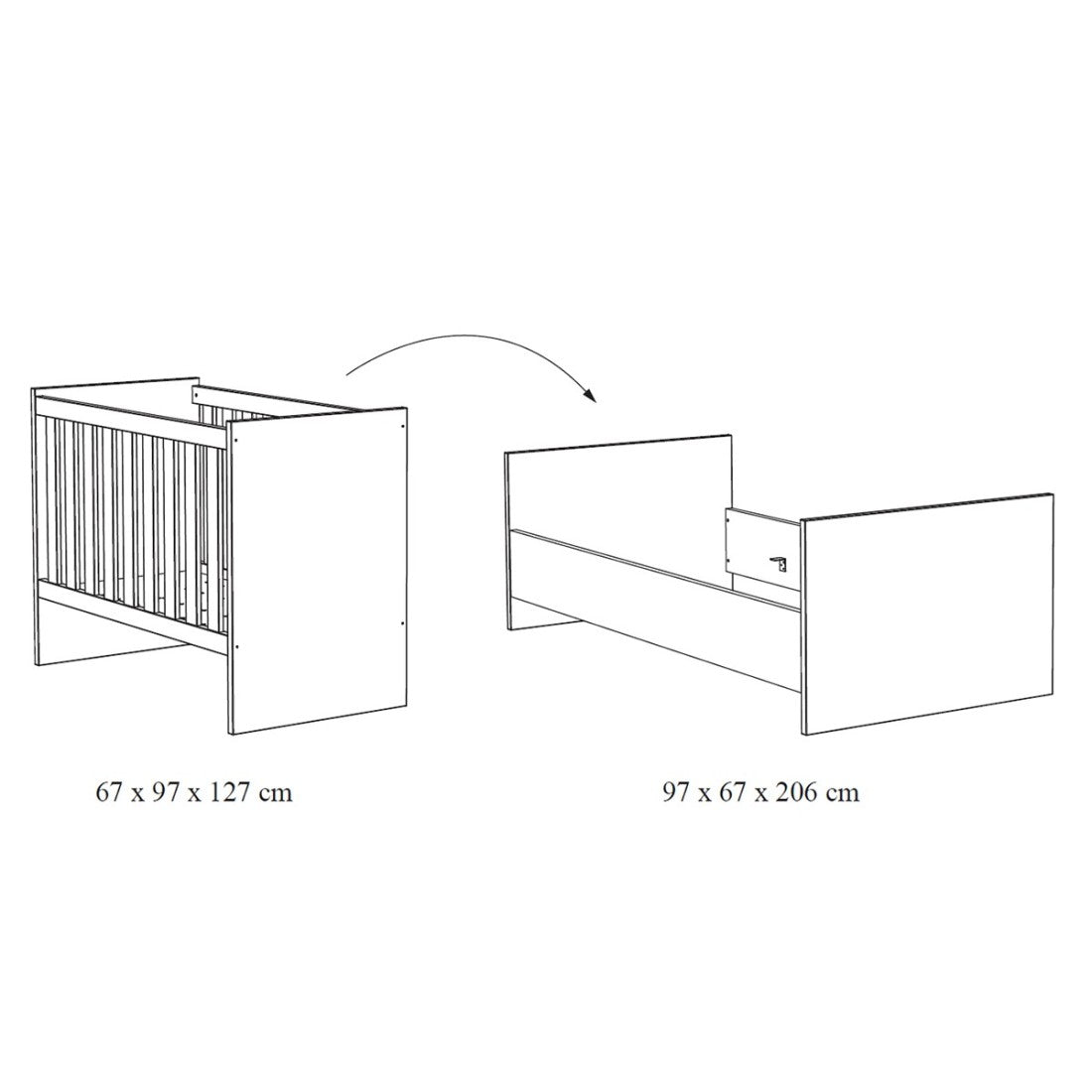Camera per bambini DANAÉ, letto trasformabile da 60x120 a 90x200, armadio, fasciatoio e comodino.