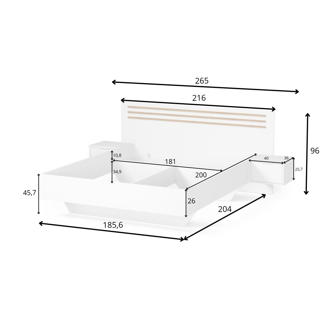Camera completa FLORENCE – Letto 180x200 + rete + cassetti + armadio + cassettiera – Bianco e rovere