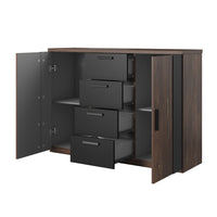 Camera completa FOX – Letto contenitore 180x200, doghe incluse, Armadio, Comò, Comodini – Rovere scuro