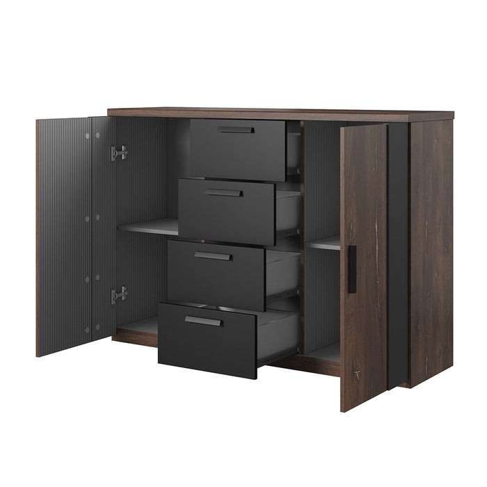 Camera completa FOX – Letto contenitore 180x200, doghe incluse, Armadio, Comò, Comodini – Rovere scuro