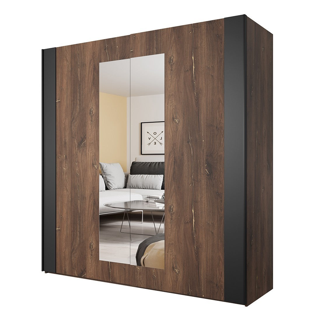 Camera completa FOX – Letto contenitore 180x200, doghe incluse, Armadio, Comò, Comodini – Rovere scuro