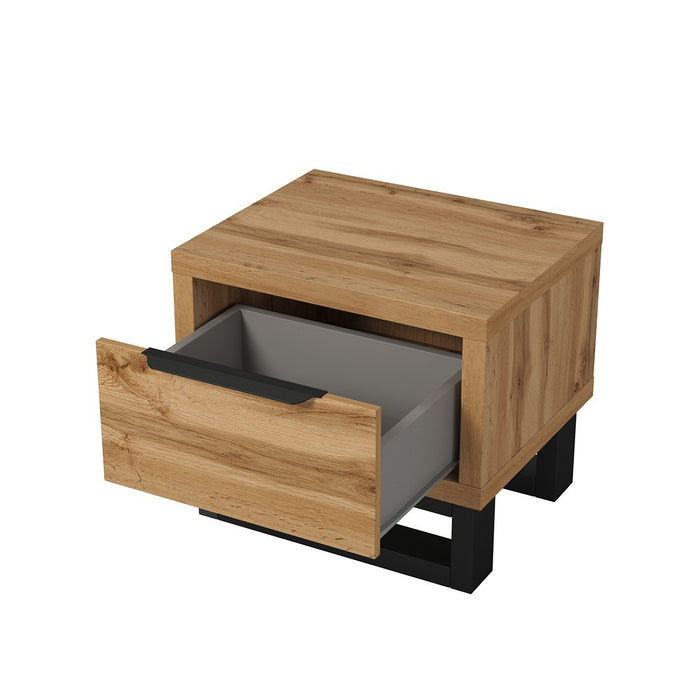 Camera completa in stile industriale collezione MILOS: armadio a 3 ante, letto 160x200, cassettiera, comodini, rovere grezzo e nero.