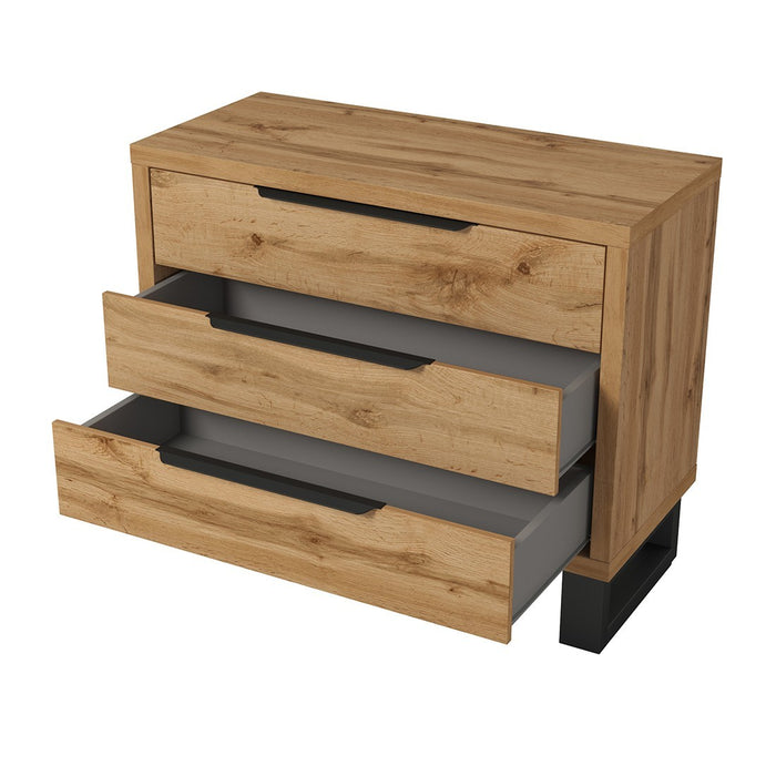 Camera completa in stile industriale collezione MILOS: armadio a 3 ante, letto 180x200, cassettiera, comodini, rovere grezzo e nero.