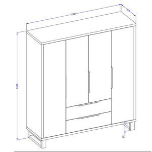 Camera completa industriale MILOS: Armadio a 4 porte, letto 160x200, cassettiera, comodini, rovere grezzo/nero