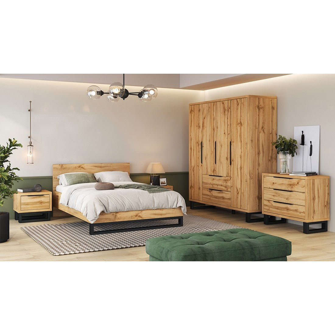 Camera completa industriale MILOS: Armadio a 4 porte, letto 160x200, cassettiera, comodini, rovere grezzo/nero