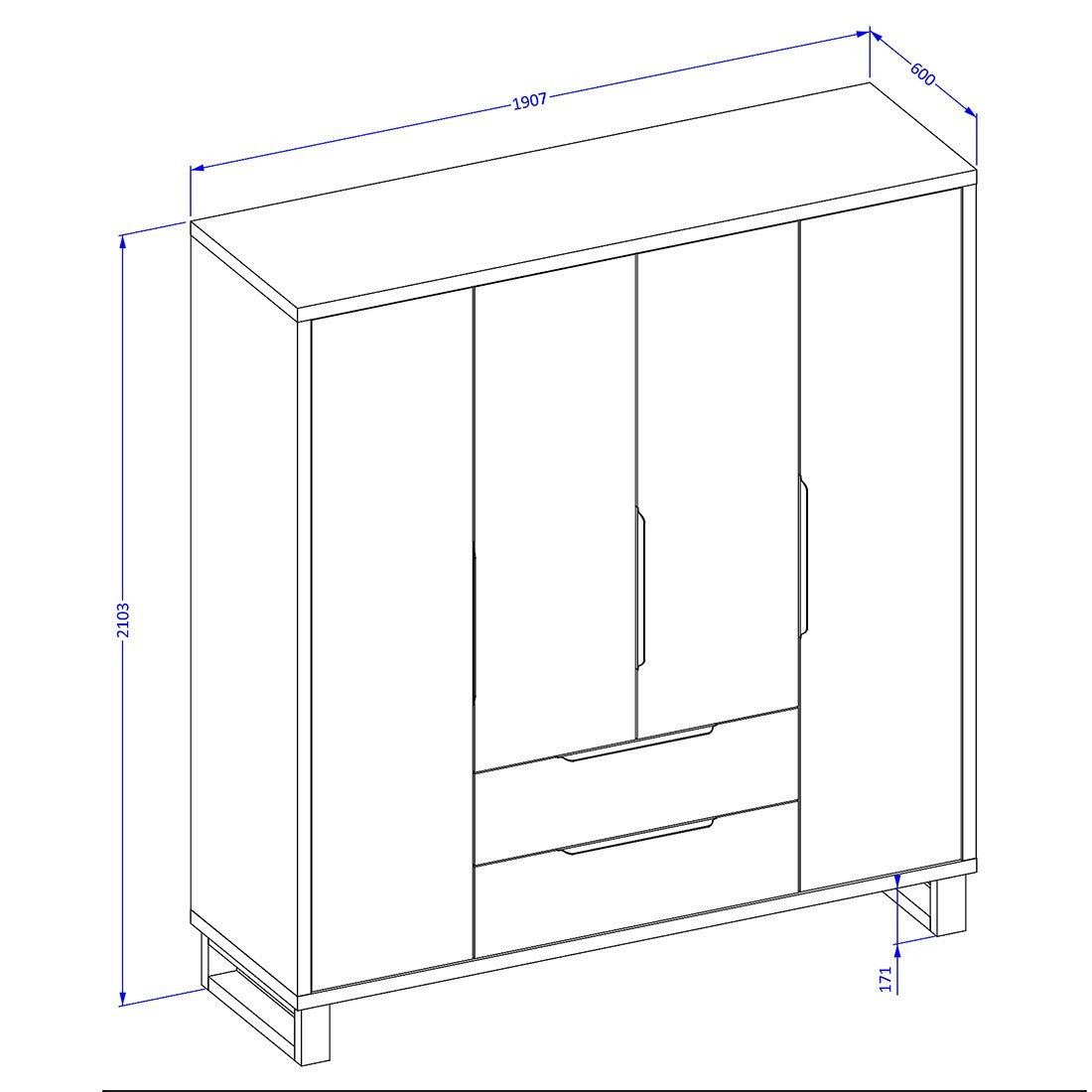 Camera da letto industriale completa MILOS: Armadio a 4 ante, letto 180x200, comò, comodini, rovere grezzo/nero