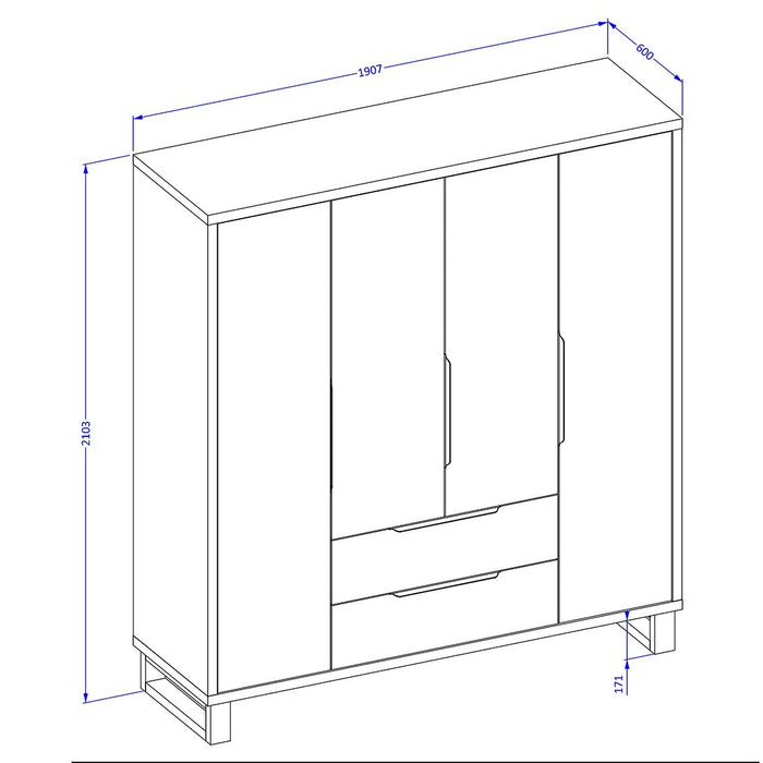 Camera da letto industriale completa MILOS: Armadio a 4 ante, letto 180x200, comò, comodini, rovere grezzo/nero