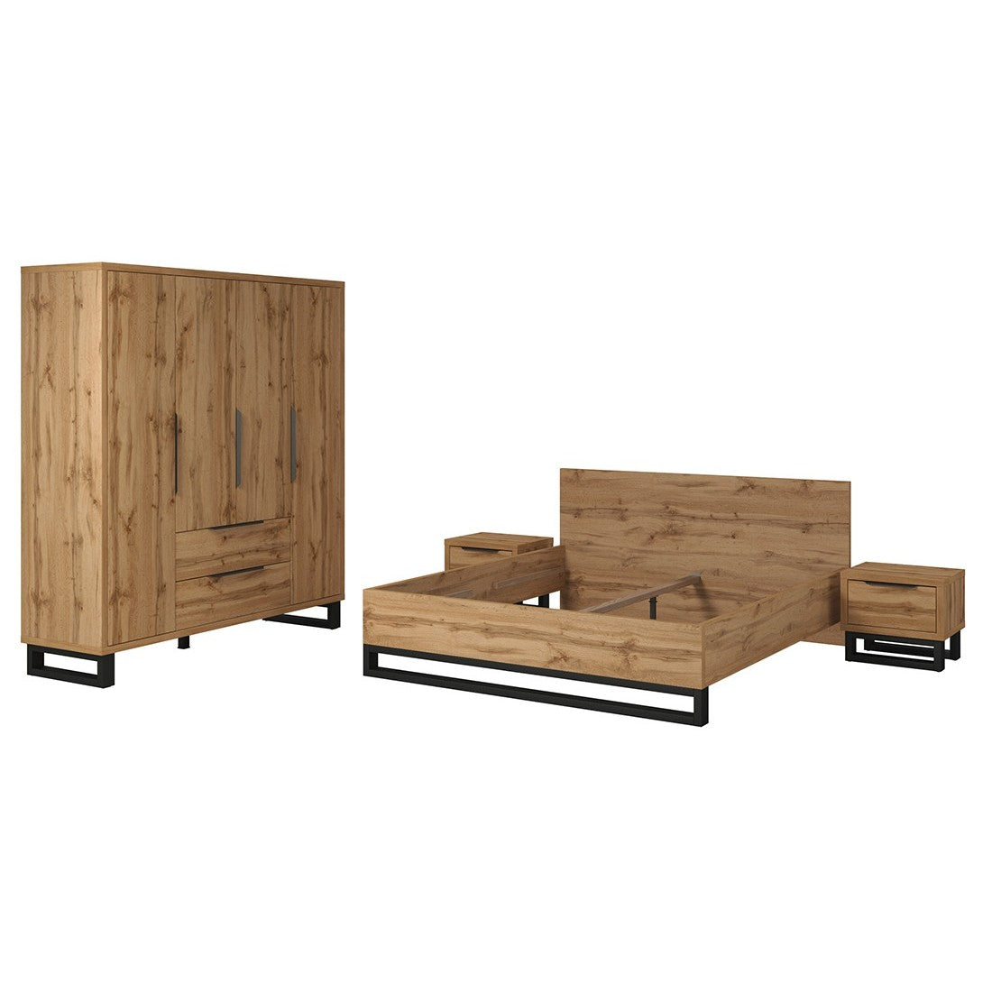 Camera da letto industriale completa MILOS: Armadio a 4 ante, letto 180x200, comò, comodini, rovere grezzo/nero