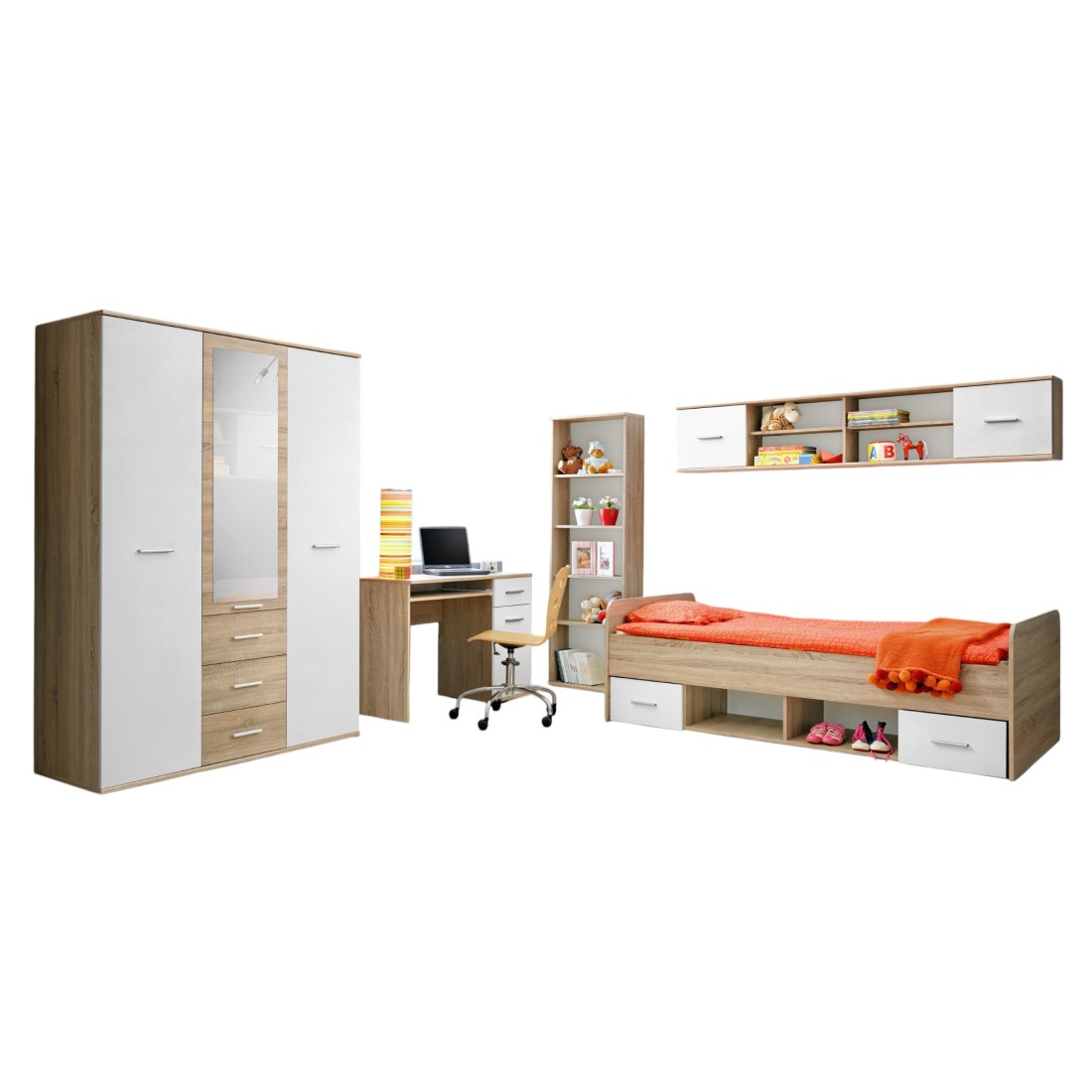 Camera adolescente DENVER: armadio a 3 ante, letto, libreria, scrivania, scaffale
