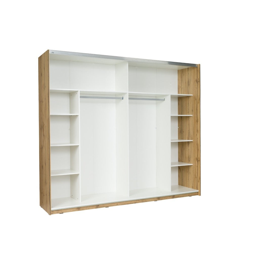 Camera WOOD color rovere e bianco con letto contenitore LED, comò, comodini e armadio