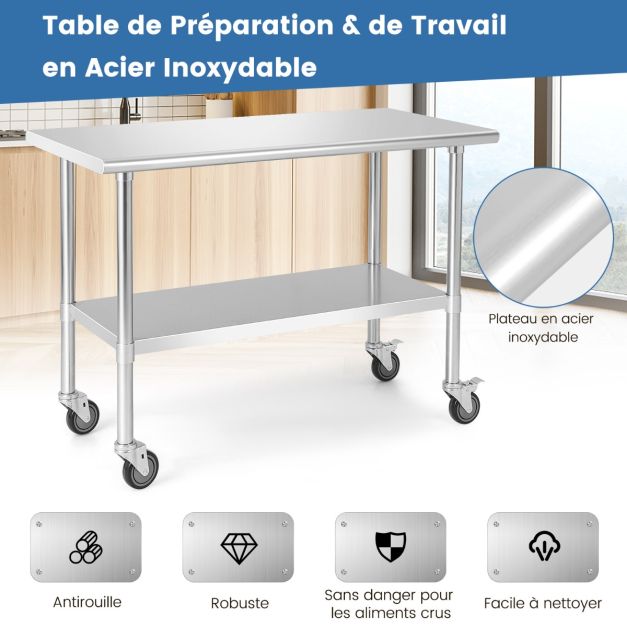 Tavolo da lavoro cucina su ruote in acciaio inox a 2 livelli con ripiano inferiore regolabile portata max 250 kg 20_0007439