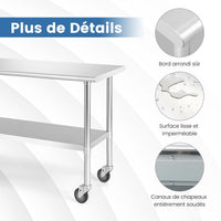 Tavolo da lavoro cucina su ruote in acciaio inox a 2 livelli con ripiano inferiore regolabile portata max 250 kg 20_0007439