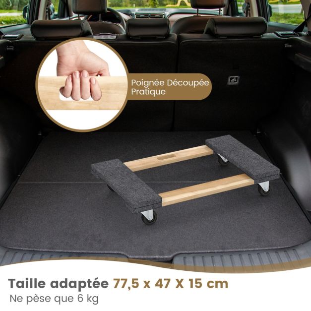 Carrello da trasporto con 4 ruote universali 77x47 cm carretti in legno di acacia per mobili portata 450 kg attrezzo di sollevamento per trasloco 20_0005161